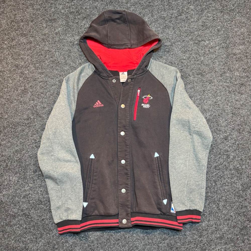 Adidas Miami Heat NBA Varsity Hoodie Jacket Mens Medium Black Grey Snap Front